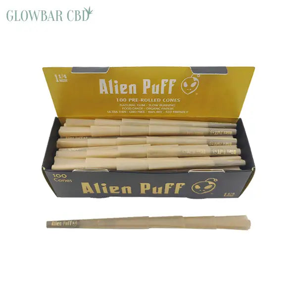100 Alien Puff Black & Gold 1 1/4 Size Pre - Rolled Cones