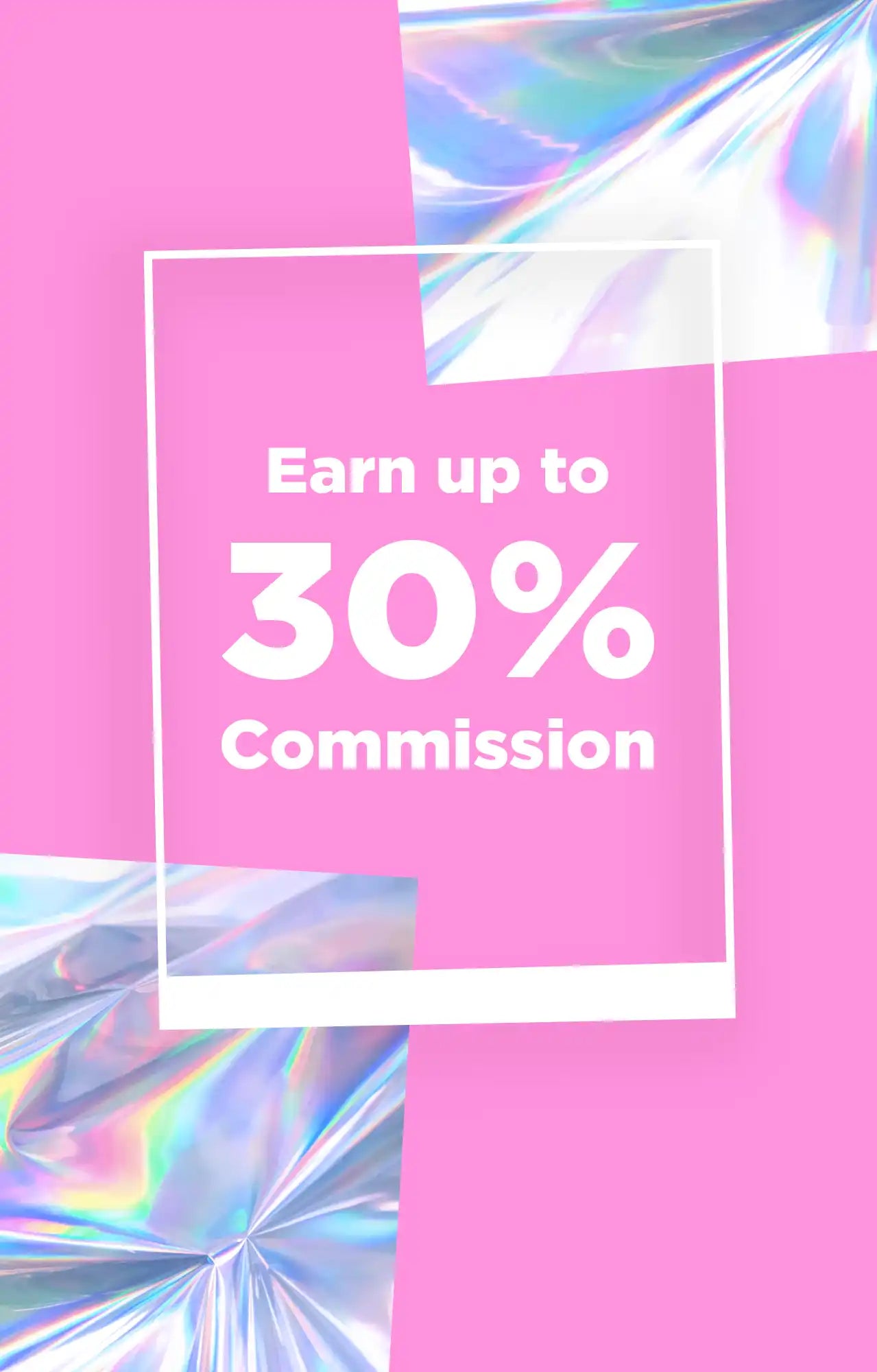 Advertisement offering up to 30% commission in white text on a pink background.