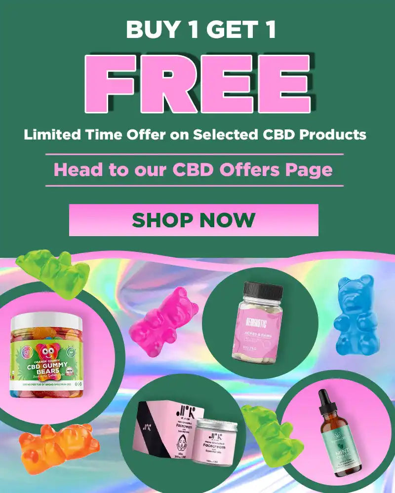 Advertisement for a ’Buy 1 Get 1 Free’ promotion on CBD products, featuring colorful images of various CBD items like gummies, oils, and creams.