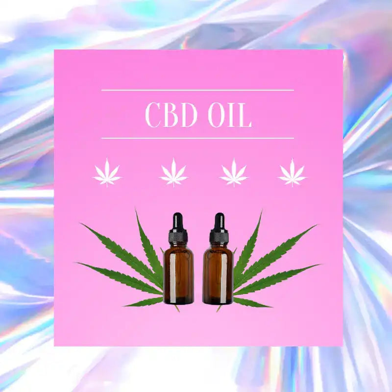 Advertisement for CBD oil featuring cannabis leaves and dropper bottles on a pink background.