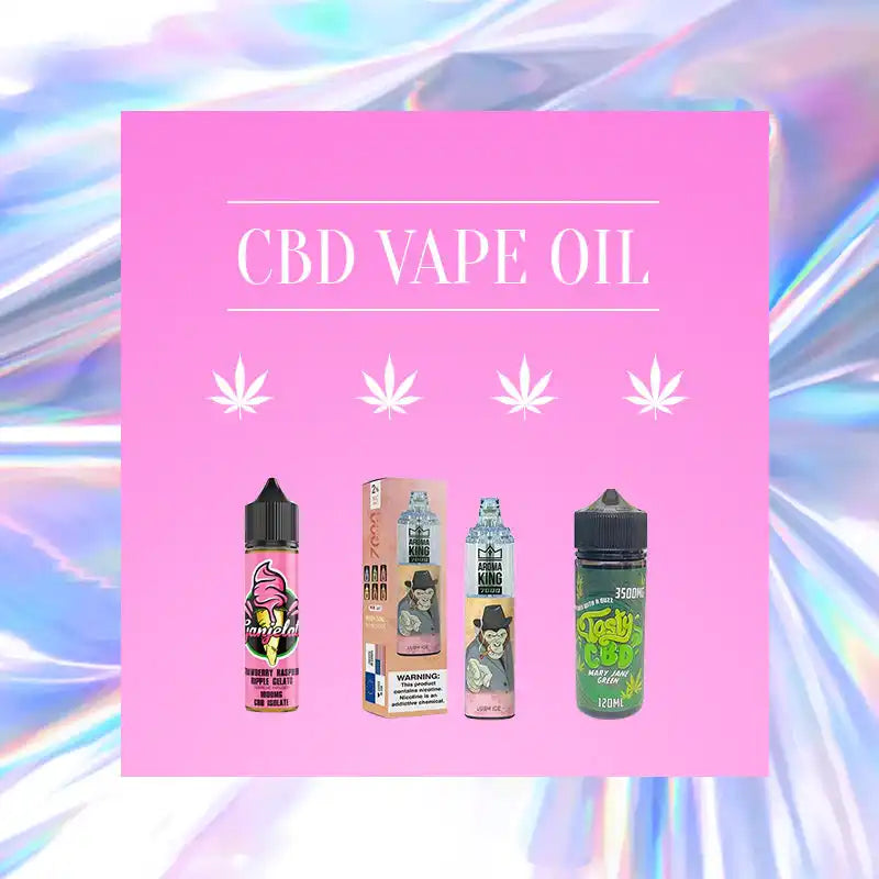 Advertisement for CBD vape oil products showing four different vape liquid bottles.