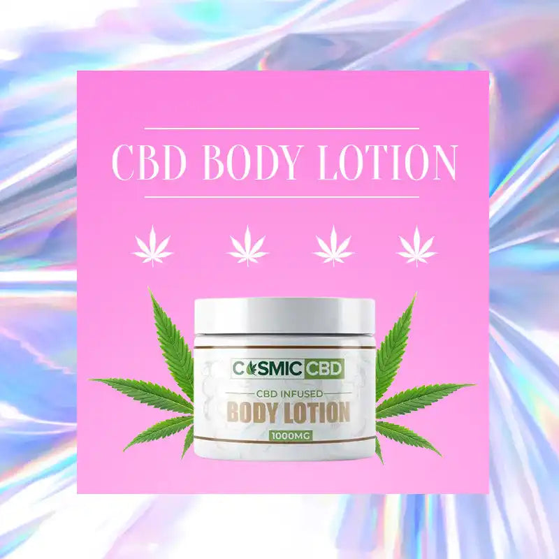 CBD body lotion container with cannabis leaf imagery on pink background.