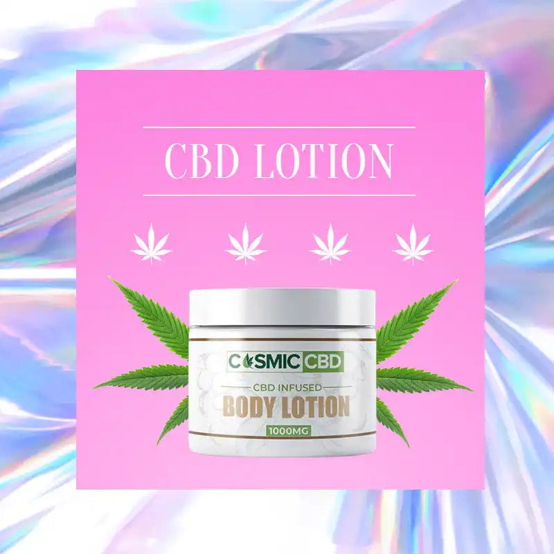 CBD body lotion container with cannabis leaf imagery on pink background.