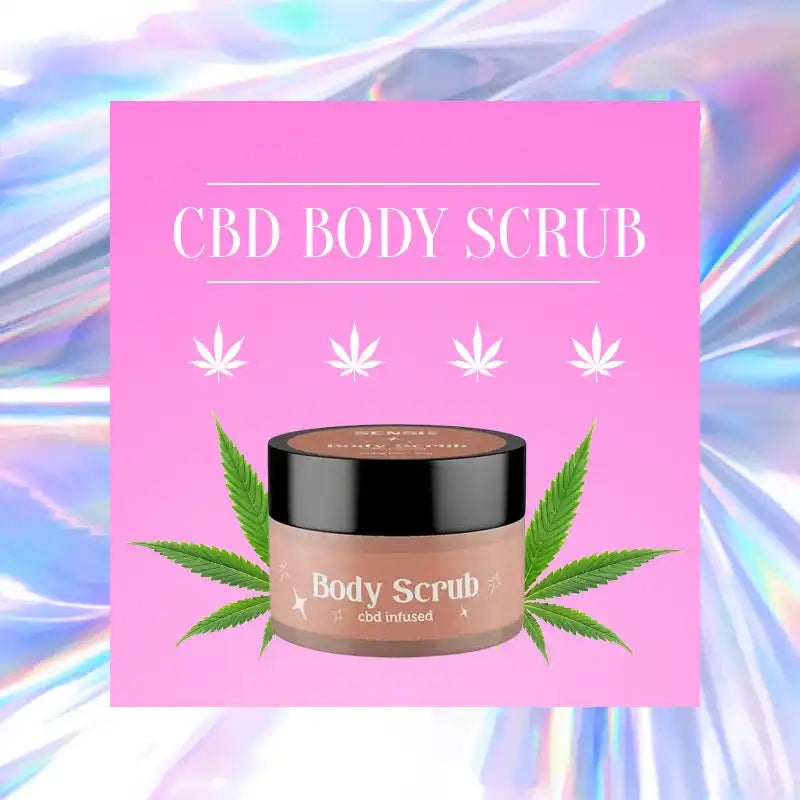 CBD body scrub product container with cannabis leaf imagery on a pink background.