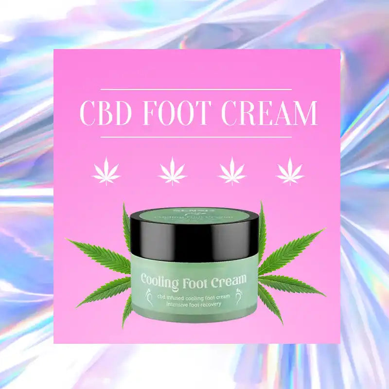 CBD foot cream in a green jar with black lid.