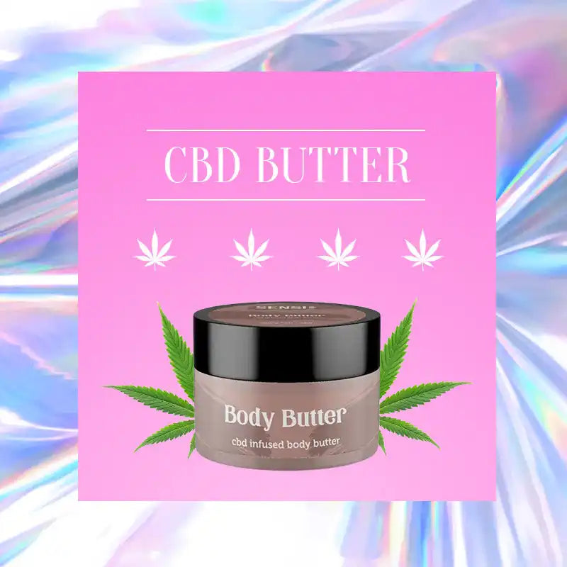 CBD-infused body butter product in a black jar with cannabis leaf imagery.