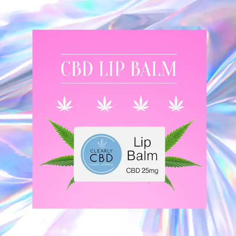 CBD lip balm product packaging with cannabis leaf imagery.