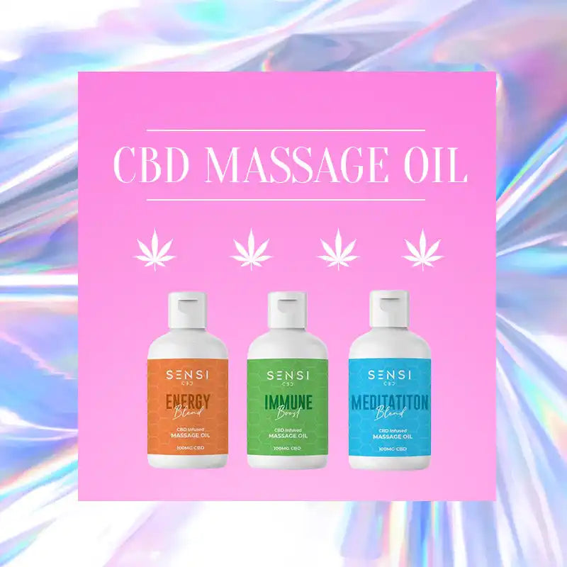 CBD massage oil product advertisement featuring three colorful bottles.