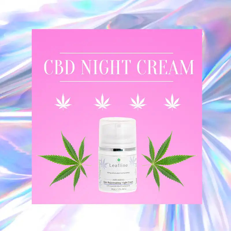 CBD night cream product advertisement featuring a white jar and cannabis leaf imagery on a pink background.