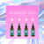 Four green glass bottles of ’Soul’ hydrating gel with cannabis leaf icons on a pink background.