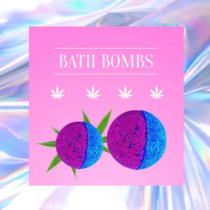 Pink advertisement for cannabis-infused bath bombs featuring purple and blue spheres with marijuana leaf icons.