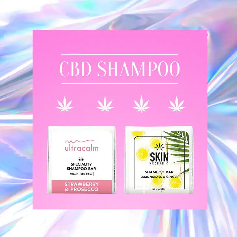 Pink advertisement for CBD shampoo products featuring two shampoo bar varieties.