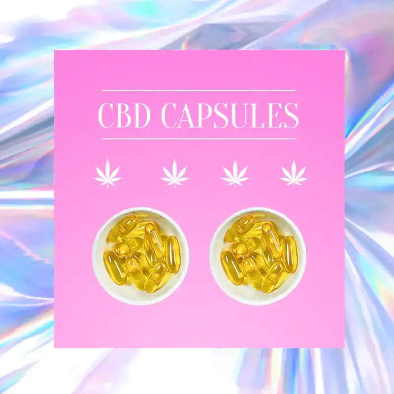 Pink square advertisement for CBD capsules featuring two circular images of yellow pill capsules.