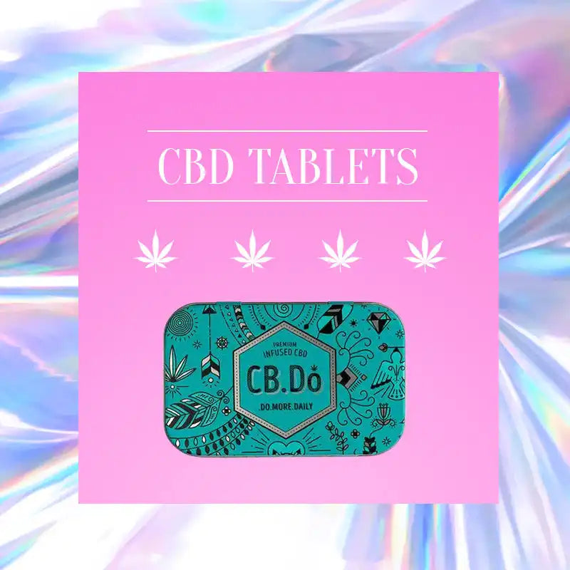 Pink square advertisement for CBD tablets featuring a teal tin with decorative cannabis-themed illustrations.