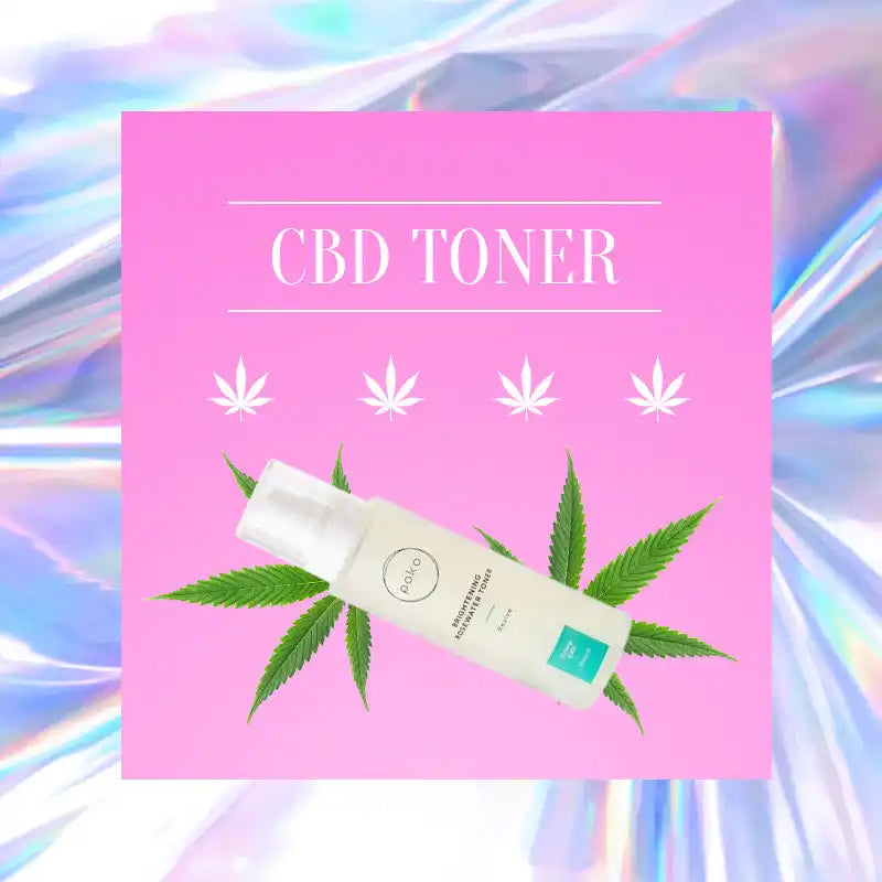 Pink square advertisement for CBD toner featuring a product bottle and cannabis leaf icons.