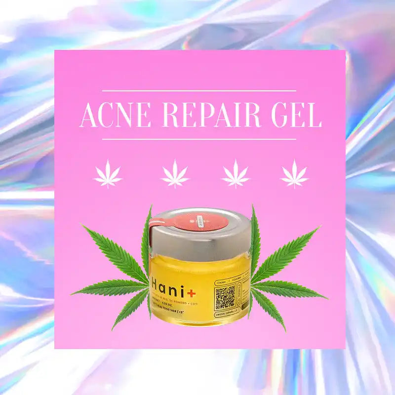 Yellow jar of acne repair gel surrounded by cannabis leaf imagery.